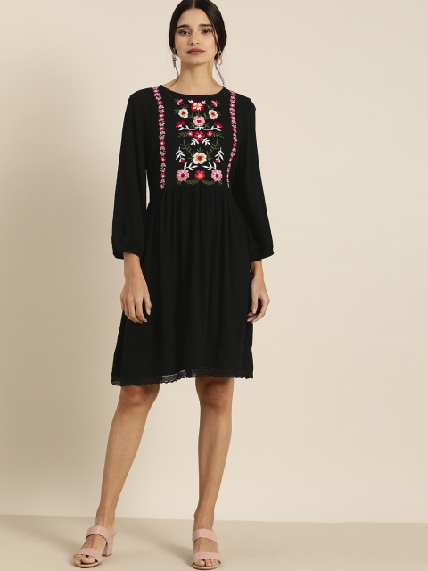 

all about you Women Black Embroidered A-Line Dress