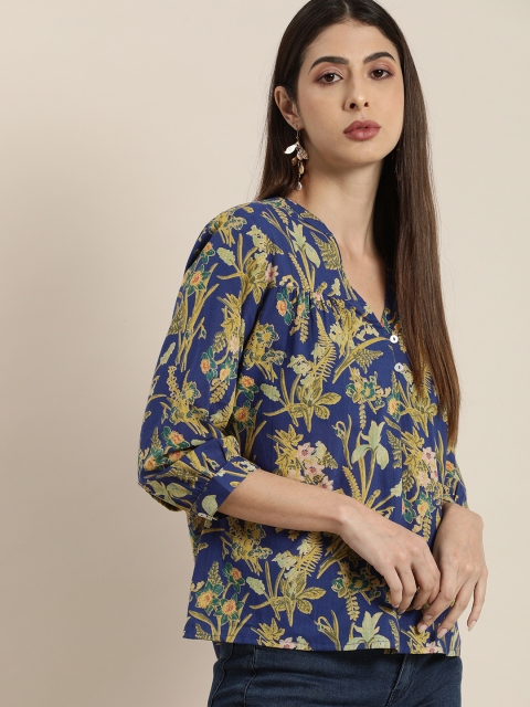 

all about you Women Blue & Yellow Floral Print Regular Top