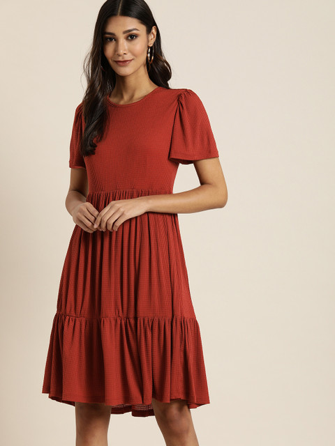 

all about you Women Red Self Design Fit and Flare Dress
