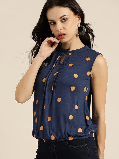 

all about you Women Navy Blue & Peach-Coloured Polka Dots Printed Keyhole Neck Blouson Top
