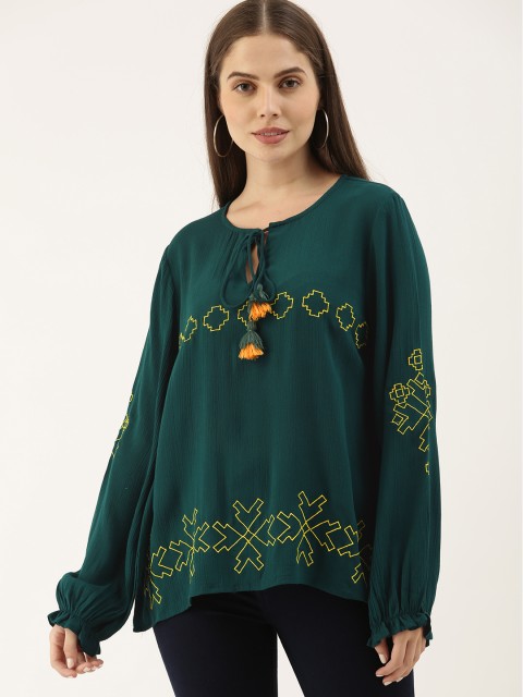 

all about you Women Green & Yellow Embroidered Tie-Up Neck Regular Top