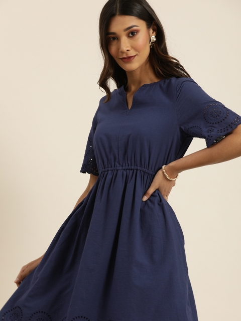 

all about you Women Navy Blue Pure Cotton Solid A-Line Dress