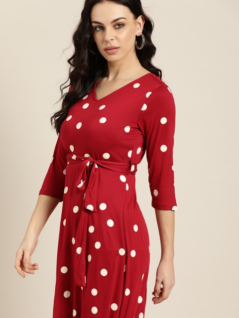 

all about you Women Red & White Polka Dots Printed A-Line Dress with Belt