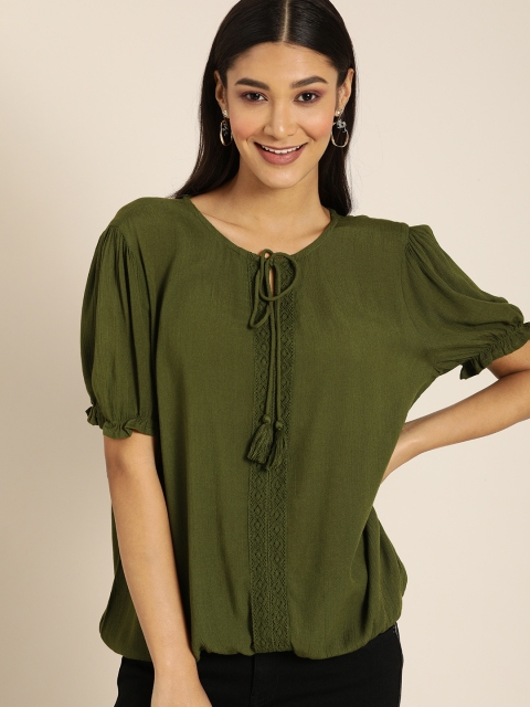 

All About You Green Solid Puff Sleeves Blouson Top