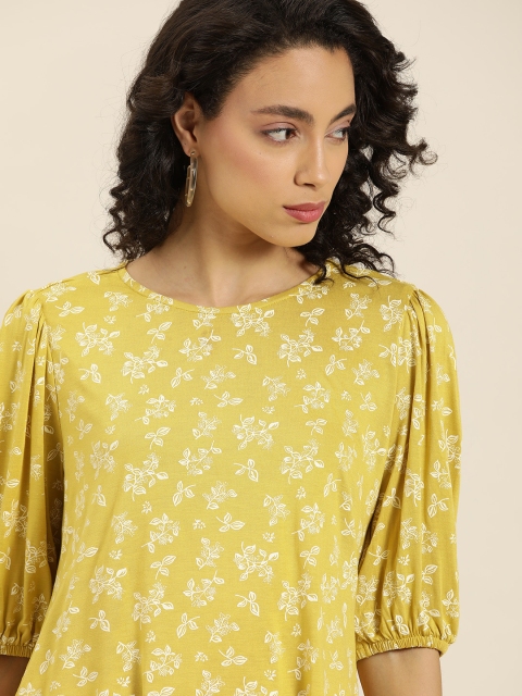

all about you Women Mustard Yellow & White Puff Sleeves Floral Print Top