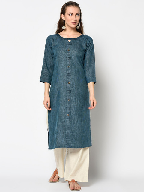 

Kvsfab Women Teal Woven Design Straight Kurta