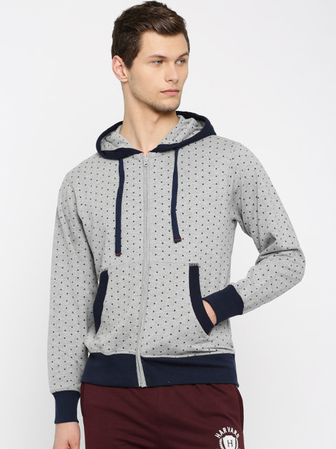 

Harvard Grey Melange & Navy Printed Hooded Sweatshirt