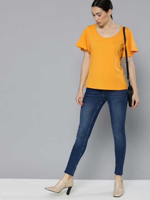 

Chemistry Women Mustard Yellow Solid Scoop Neck Flared Sleeve Pure Cotton T-shirt