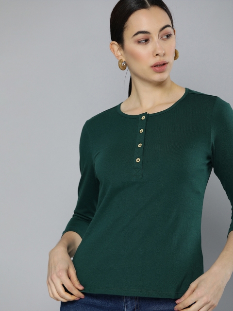 

Chemistry Women Green Solid Henley Neck T-shirt