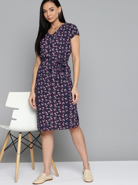 

Chemistry Navy Blue & Pink Floral Print A-Line Dress with Belt