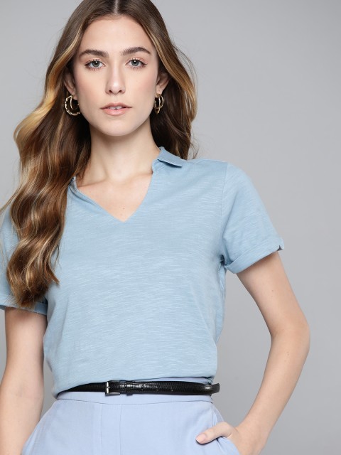 

Chemistry Women Blue Solid Cotton Polo Collar Pure Cotton T-shirt
