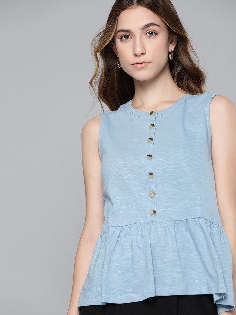 

Chemistry Blue Solid Cotton Peplum Top
