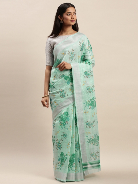 

Satrani Turquoise Blue Silk Blend Printed Taant Saree