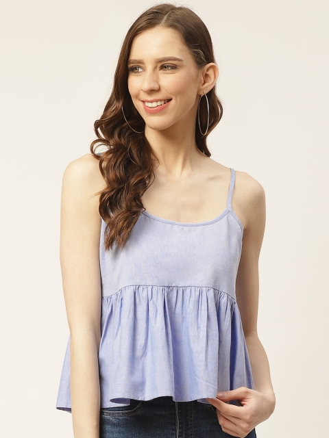 

Rue Collection Women Blue Solid Cinched Waist Pure Cotton Top