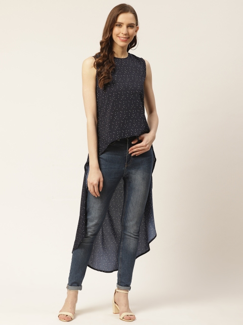 

Rue Collection Women Navy Blue & White Geometric Print High-Low Top