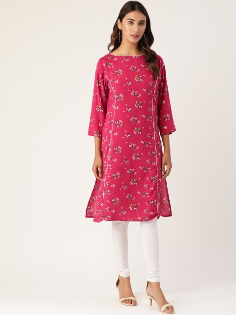 

Rue Collection Women Pink & White Floral Print Straight Kurta
