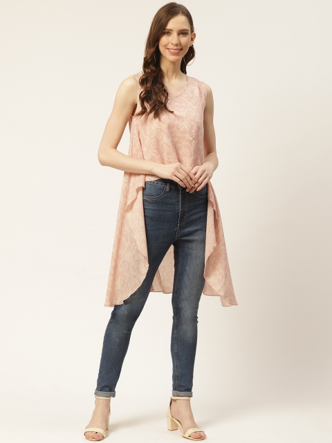 

Rue Collection Women Pink & White Geometric Print High-Low Top