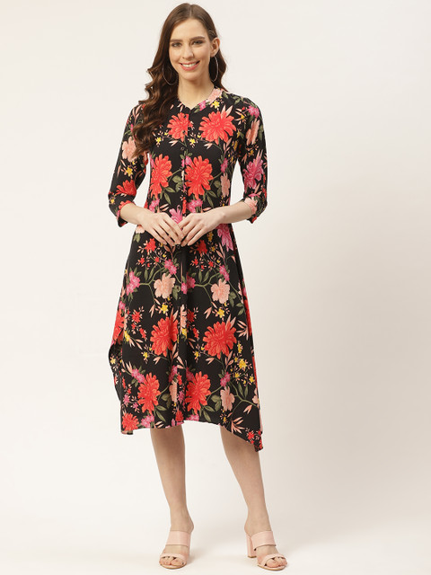 

Rue Collection Women Black & Orange Floral Print A-Line Dress