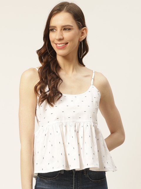 

Rue Collection Women White & Black Geometric Print Cinched Waist Pure Cotton Top