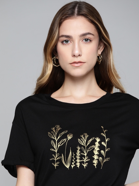 

Chemistry Women Black Boxy Foil Printed T-shirt