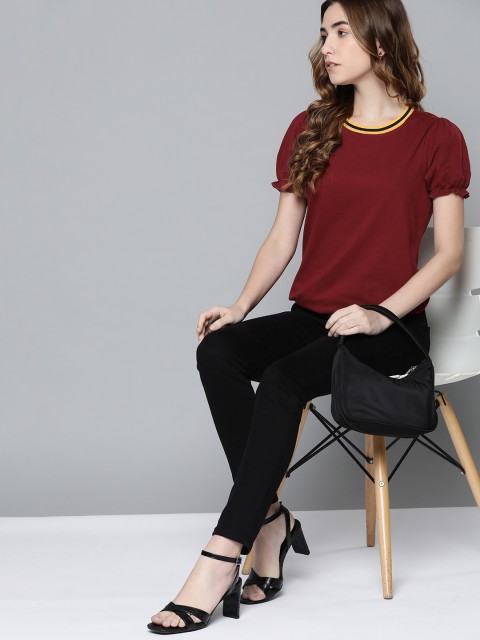 

Chemistry Women Maroon Puff Sleeves T-shirt