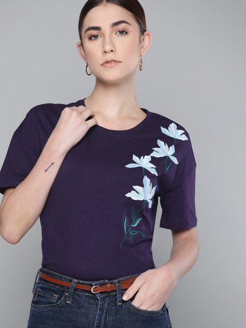 

Chemistry Women Navy Blue Floral Embroidered T-shirt