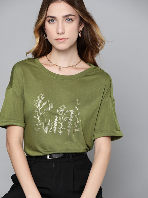 

Chemistry Women Olive Green Foil Floral Printed T-shirt