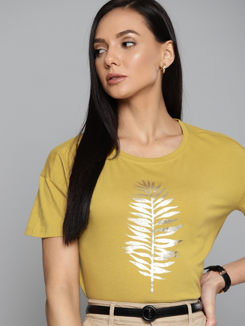 

Chemistry Women Olive Green & Golden Floral Printed T-shirt