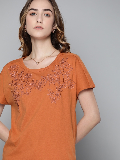 

Chemistry Women Orange Floral Embroidered T-shirt