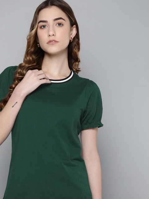 

Chemistry Women Green Solid Puff Sleeves T-shirt