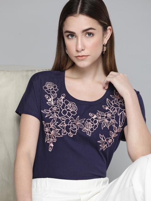 

Chemistry Women Navy Blue & Pink Floral Embroidered Extended Sleeves T-shirt