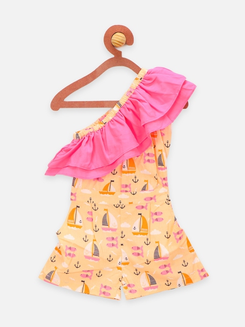 

LilPicks Girls Peach & White Printed One Shoulder Playsuit