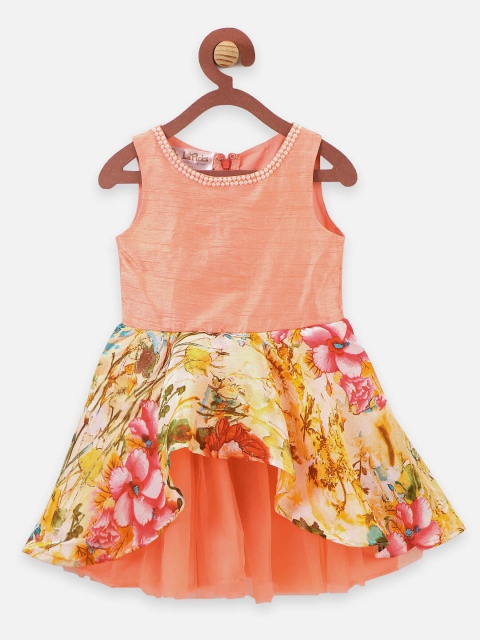 

LilPicks Girls Peach-Coloured & Pink Floral Print Fit and Flare Dress