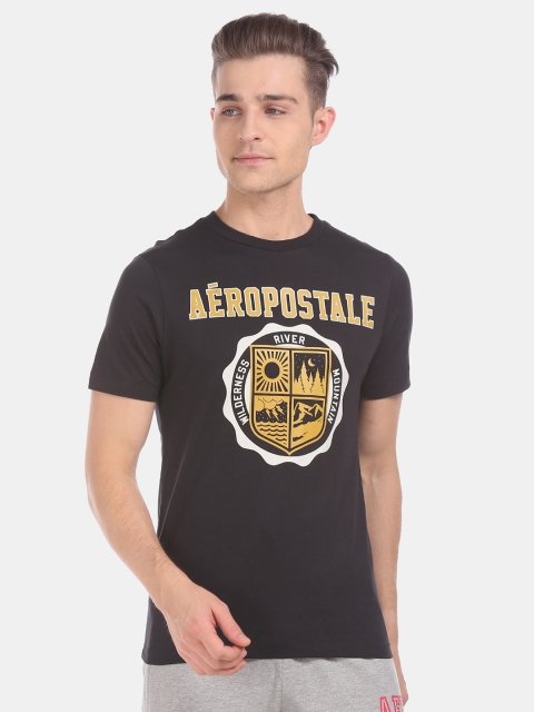 

Aeropostale Men Black Yellow Printed Round Neck Pure Cotton T-shirt
