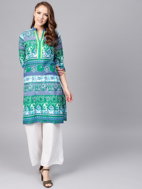 

Jaipur Kurti Women Blue & Green Printed Straight Kurta