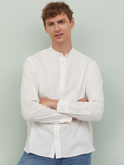 

H&M Men White Solid Grandad Shirt Regular Fit