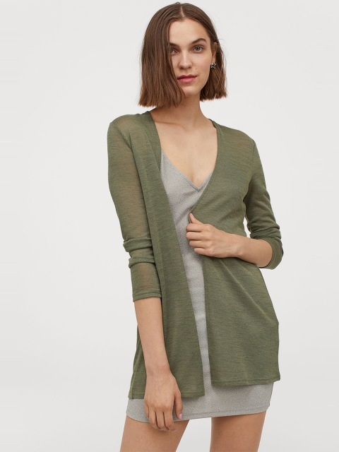 

H&M Women Green Solid Loose-Knit Cardigan