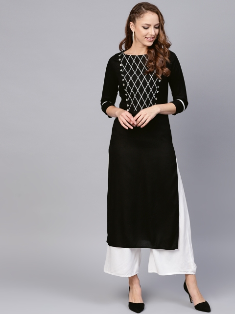 

Jaipur Kurti Women Black Yoke Design Straight Kurta