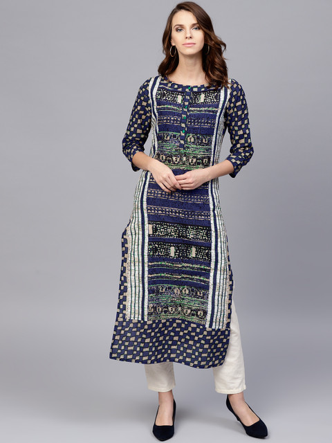 

Jaipur Kurti Women Navy Blue & Beige Printed Straight Kurta