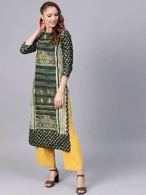

Jaipur Kurti Women Olive Green & Beige Printed Straight Kurta