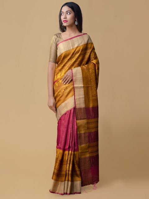 

Unnati Silks Yellow Printed Tussar Saree