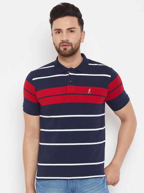 

HARBORNBAY Men Navy Blue Striped Polo Collar T-shirt