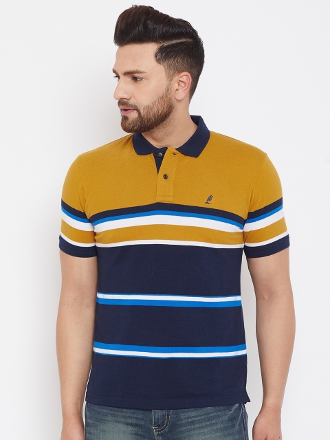

HARBORNBAY Men Mustard Yellow & Blue Striped Polo Collar T-shirt