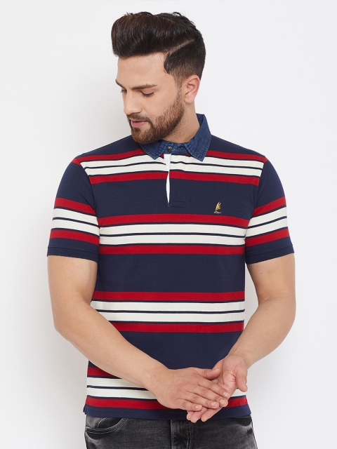 

HARBORNBAY Men Navy Blue Striped Polo Collar T-shirt