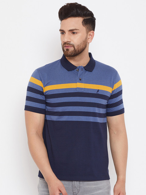

HARBORNBAY Men Navy Blue Striped Polo Collar T-shirt