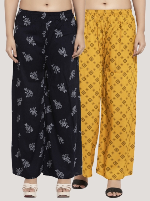 KLOTTHE Women Pack Of 2 Navy Blue & Yellow Printed Straight Palazzos