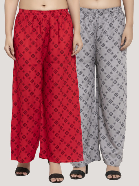 

KLOTTHE Women Pack Of 2 Red & Grey Printed Straight Palazzos