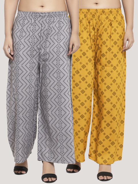 

KLOTTHE Women Grey & Yellow Set of 2 Printed Flared Palazzos