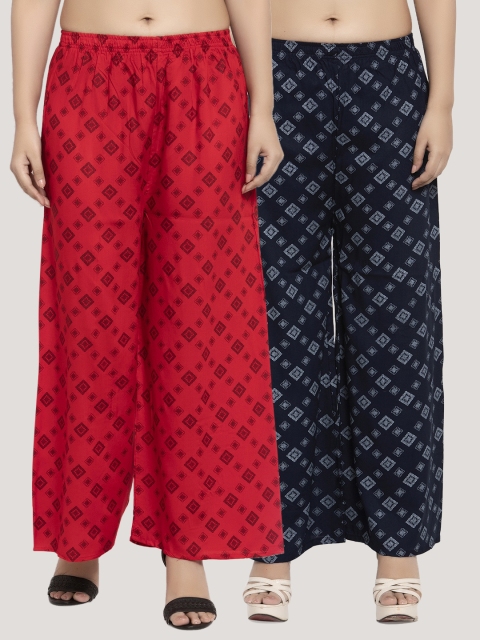 

KLOTTHE Women Pack Of 2 Red & Navy Blue Printed Straight Palazzos