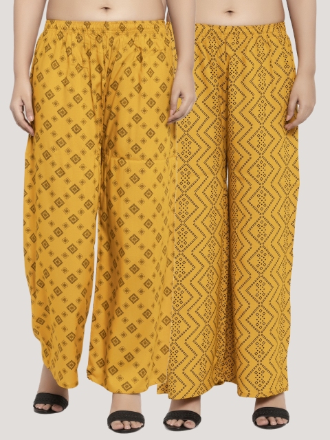 

KLOTTHE Women Pack of 2 Printed Straight Palazzos, Mustard